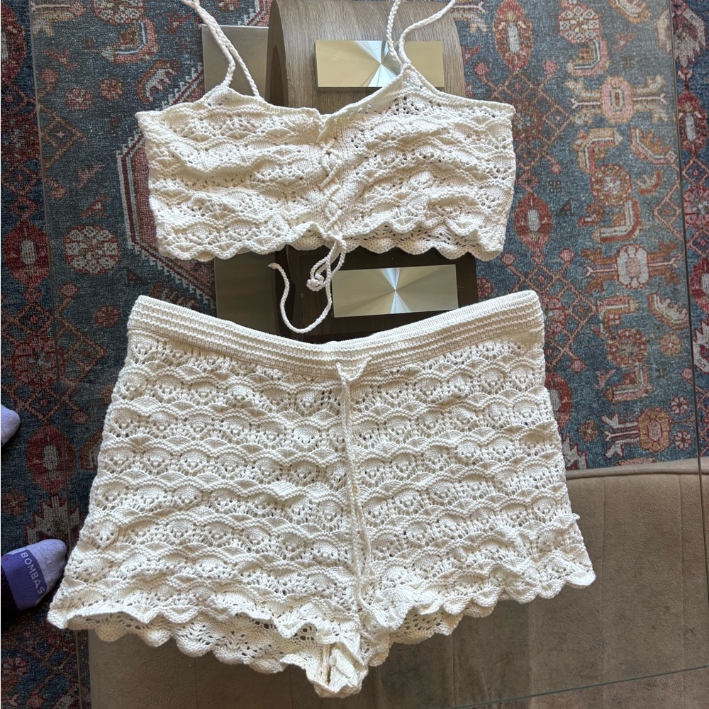 Cream crochet crop top and short Set